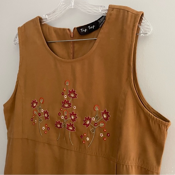 Tip Top Vintage Women's Maxi Dress Embroidered Sleeveless Brown Suede Empire - Picture 2 of 16